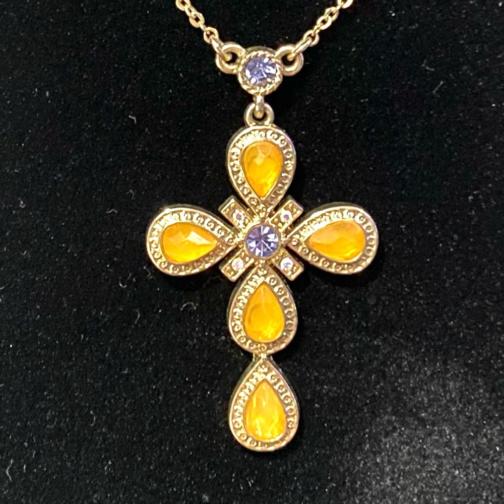 Avon Gold-Tone Cross Pendant Necklace Faux Amber & Purple Rhinestones